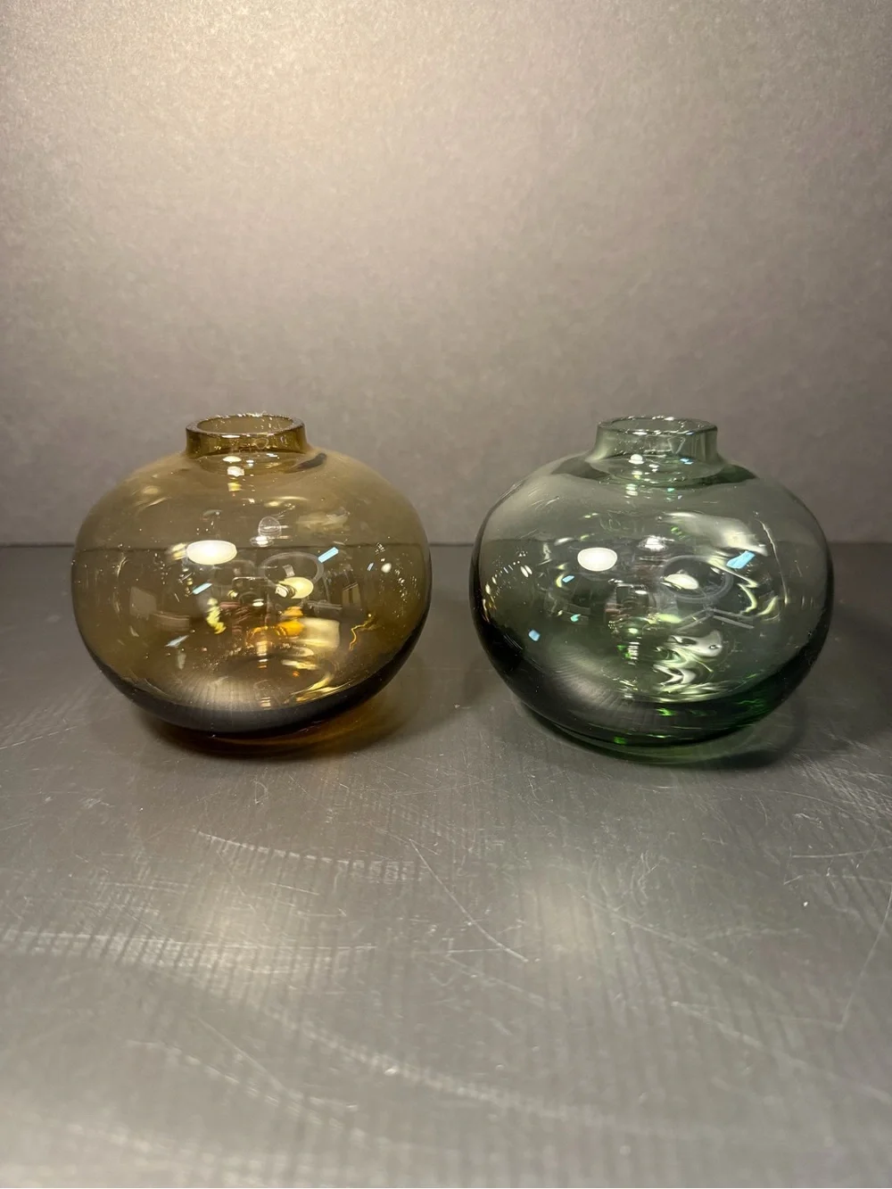 Vintage IKEA Salong Glass Bud Vases - Set of 2 Moss Green & Amber Brown